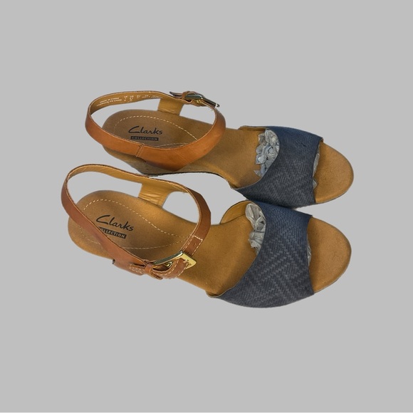 Clarks Collection Sandals Cork Wedge Open Toe Ankle Straps Blue Tan 9.5 - Picture 12 of 16